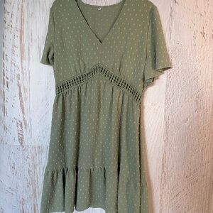 Green V-Neck Boutique Dress with Crochet Detail